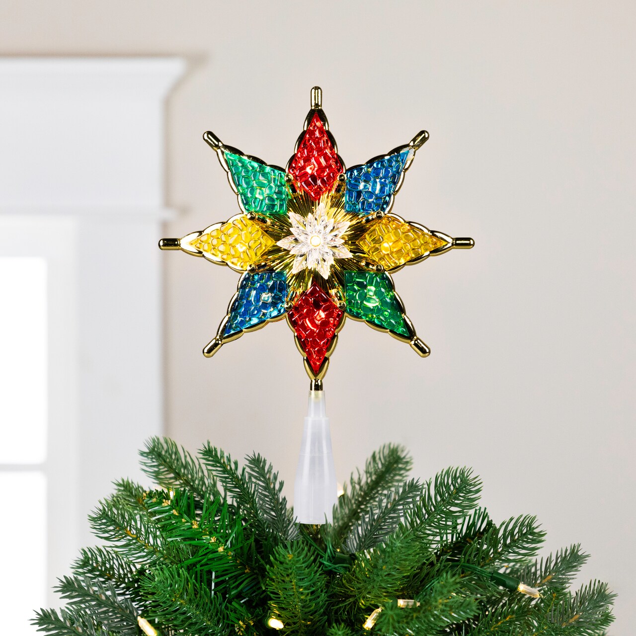 Northlight 8" Pre-Lit Red and Green Crystal 8-Point Star Christmas Tree Topper - Clear Lights